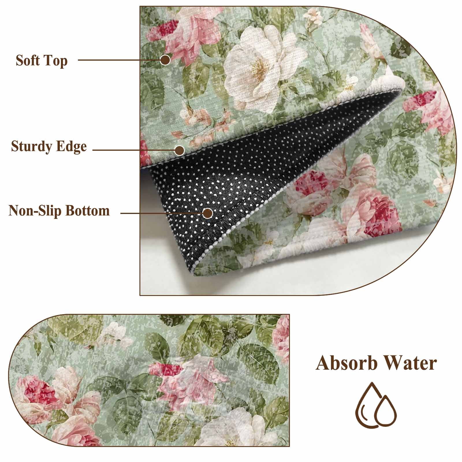 Hallway Runner Rugs 2.7x5 Ft, White Pink Flower Non Slip Area Rugs for Kitchen Bedroom Entryway, Shabby Chic Spring Vintage Leaf Green Washable Carpet Runner Rug Floor Mats for Bedroom Home Decor