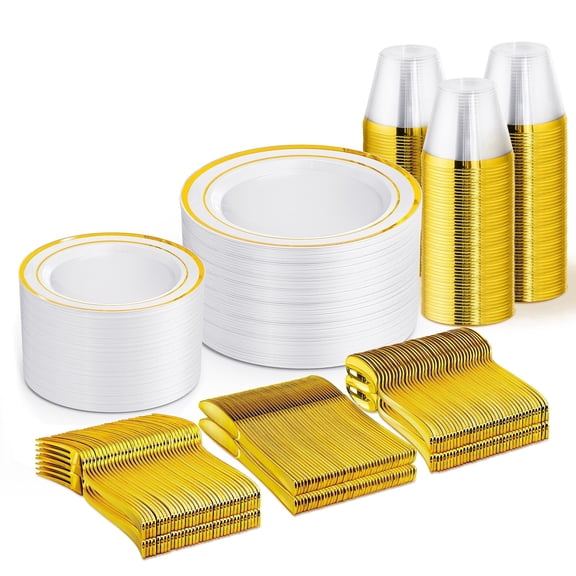 WELLIFE FESTIVE 450 PCS Gold Plastic Plates Set, Gold Dinnerware Set, Disposable Gold Plates Set for 75 Guest, Dinner & Salad Plates Cups Forks Knives Spoons
