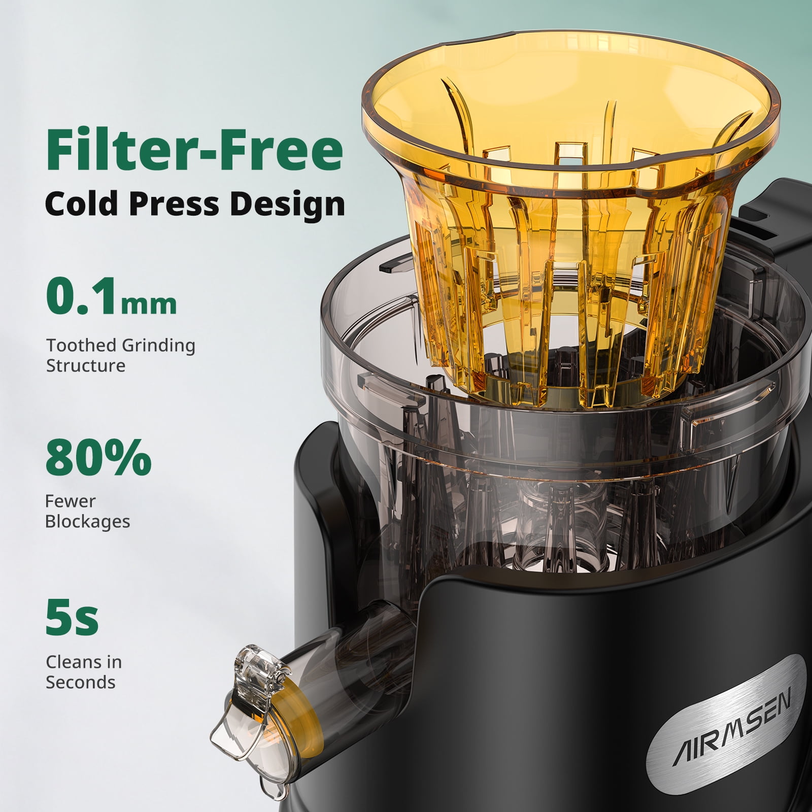 AIRMSEN Cold Press Juicer Machine with 6" Wide Feed Chute, 300W Slow Masticating Juicer, Easy-to-Clean Electric Juicer for Whole Fruits and Vegetables, BPA-Free, Black