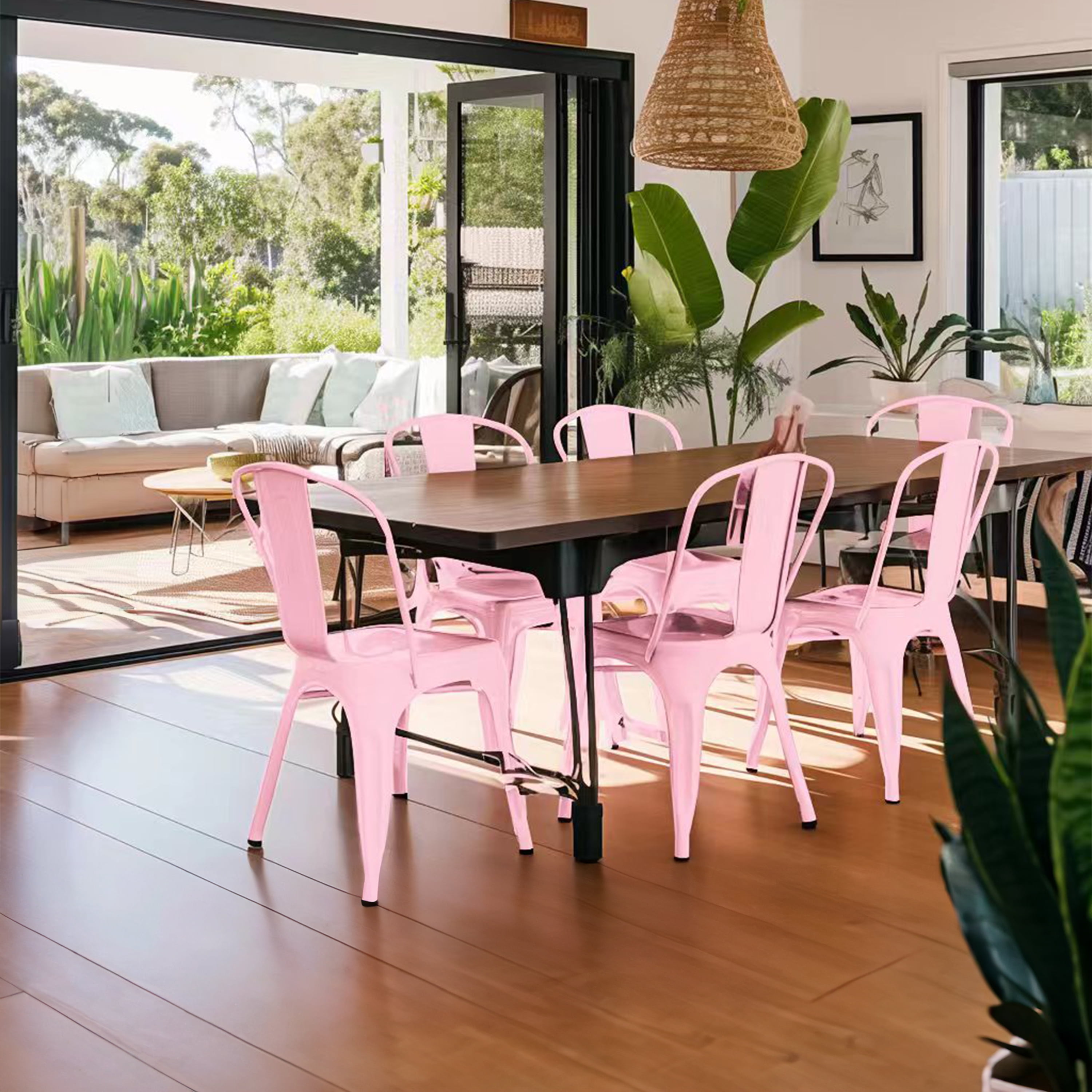 Pink Industrial Metal Dining Chairs 18 Inch Seat Height Stackable, Set of 2
