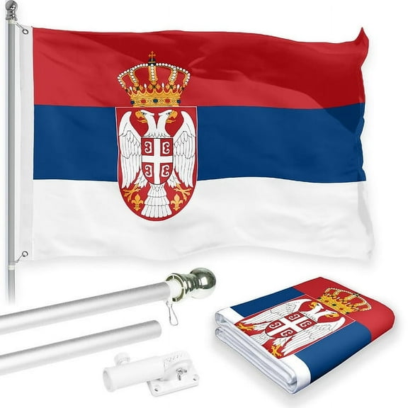 G128 Combo Pack: 6 Feet Tangle Free Spinning Flagpole (Silver) Serbia Serbian Flag 3x5 ft Printed 150D Brass Grommets (Flag Included) Aluminum Flag Pole