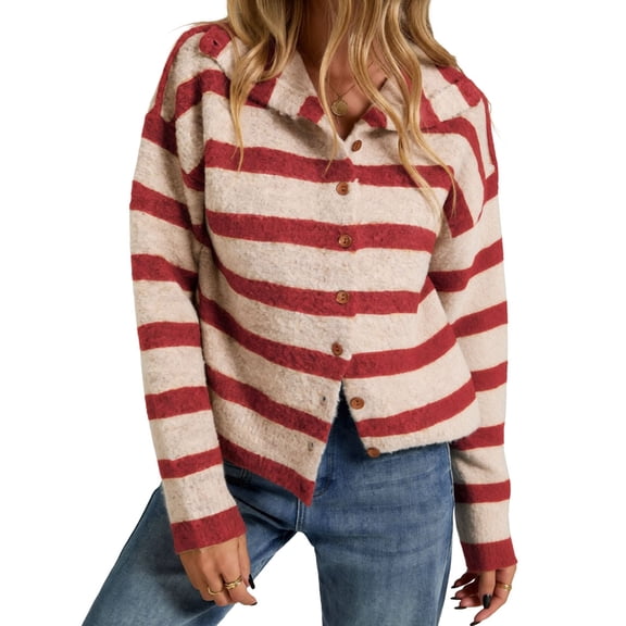 Women Waist Cinched Long Sleeve Stripe Knitted Cardigan Red S