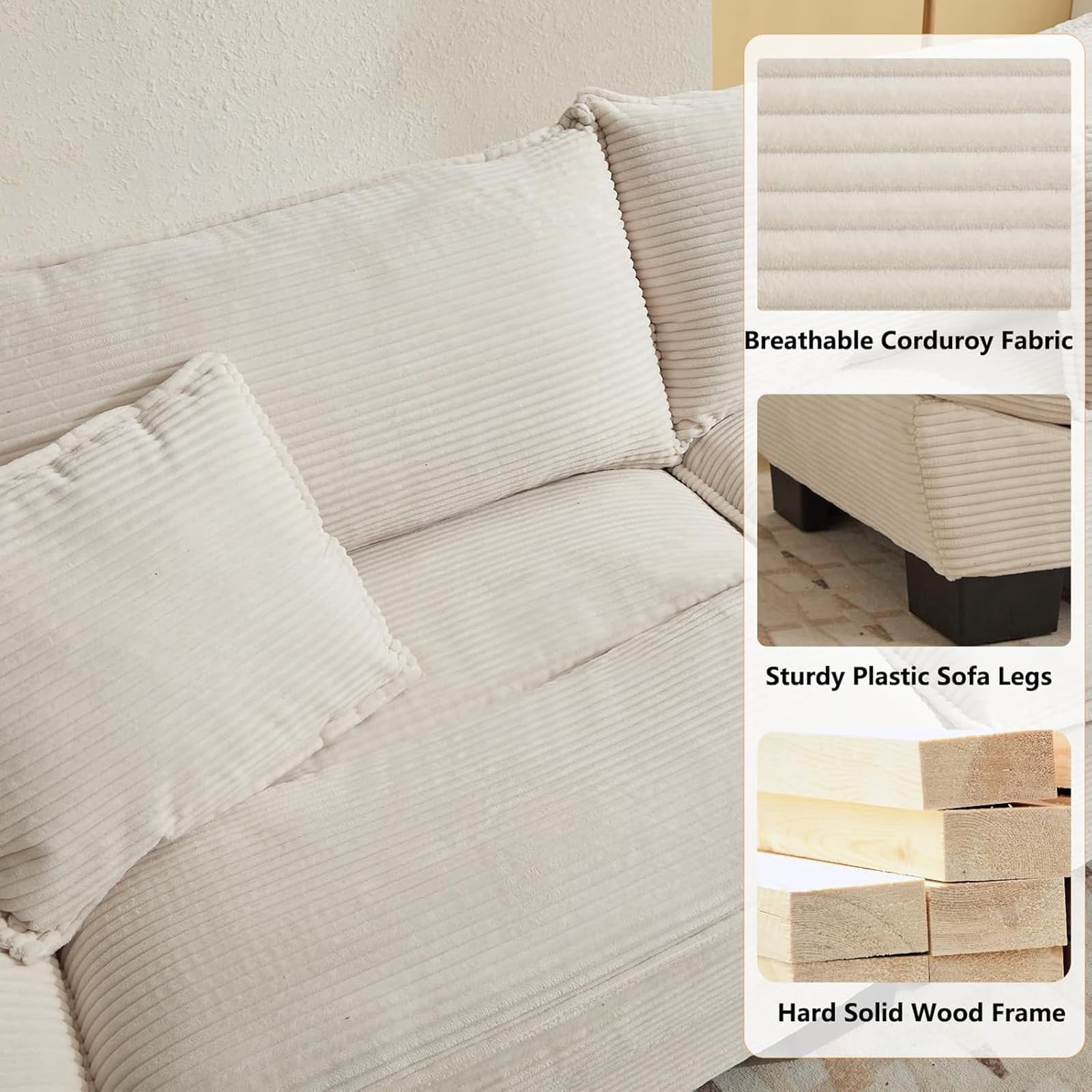 AENKYO 84" Corduroy Loveseat Sofa with Pillows, Modern 2-Seater Couch for Living Room,Beige