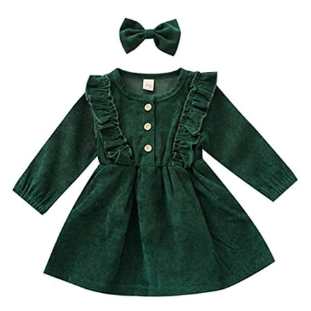 

Styles I Love Toddler Girls Buttons Ruffle Long Sleeve Solid Corduroy Dress with Bow Hair Clip 2pcs Fall Winter Dressy Outfit (Olive 18 Months)