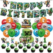 Kicpot 34Pcs Minecraft Birthday Party Supplies and Decorations, Minecraft Birthday Party Decorations Set Include Banner, Balloons, Cake Cupcake Toppers for Kids Birthday Party