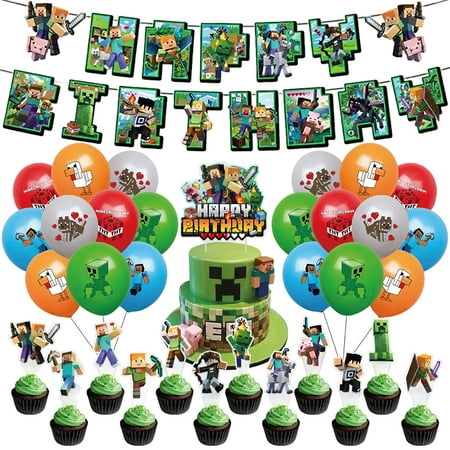 Kicpot 34Pcs Minecraft Birthday Party Supplies and Decorations, Minecraft Birthday Party Decorations Set Include Banner, Balloons, Cake Cupcake Toppers for Kids Birthday Party
