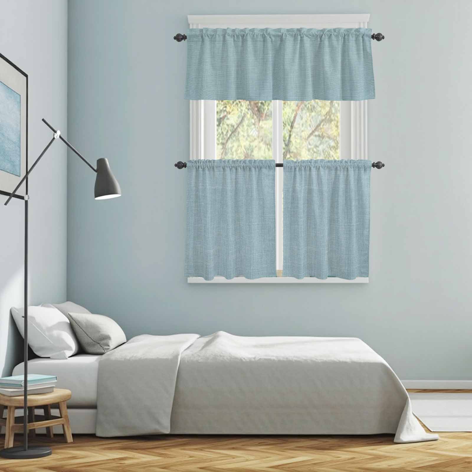 Vintage Haze Blue Kitchen Curtains Sets for Windows 36 Inch Length, Farmhouse Retro Solid Color Linen Texture Rod Pocket Window Treatments Tier Curtains and Valances Set for Bedroom/Bathroom