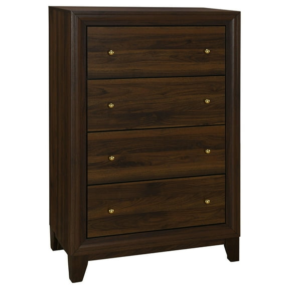 Yels Tall Dresser Chest with 4 Drawers, Gold Metal Knobs, Walnut Brown
