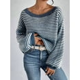 thumbnail image 6 of Women'S 2025 Fall Long Sleeve Casual Loose Striped Off Shoulder Casual Oversized Knitted Sweater Pullovers Blue XL, 6 of 7