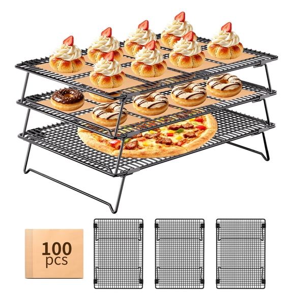 3-Piece Large Baking Cooling Racks, 16.9" × 11" Non-Stick Metal Mesh Cooling Racks with 100 Sheets 3.94" Square Baking Paper, Stackable Cake Cookie Cooling Rack for Baking, Cooking & Roasting