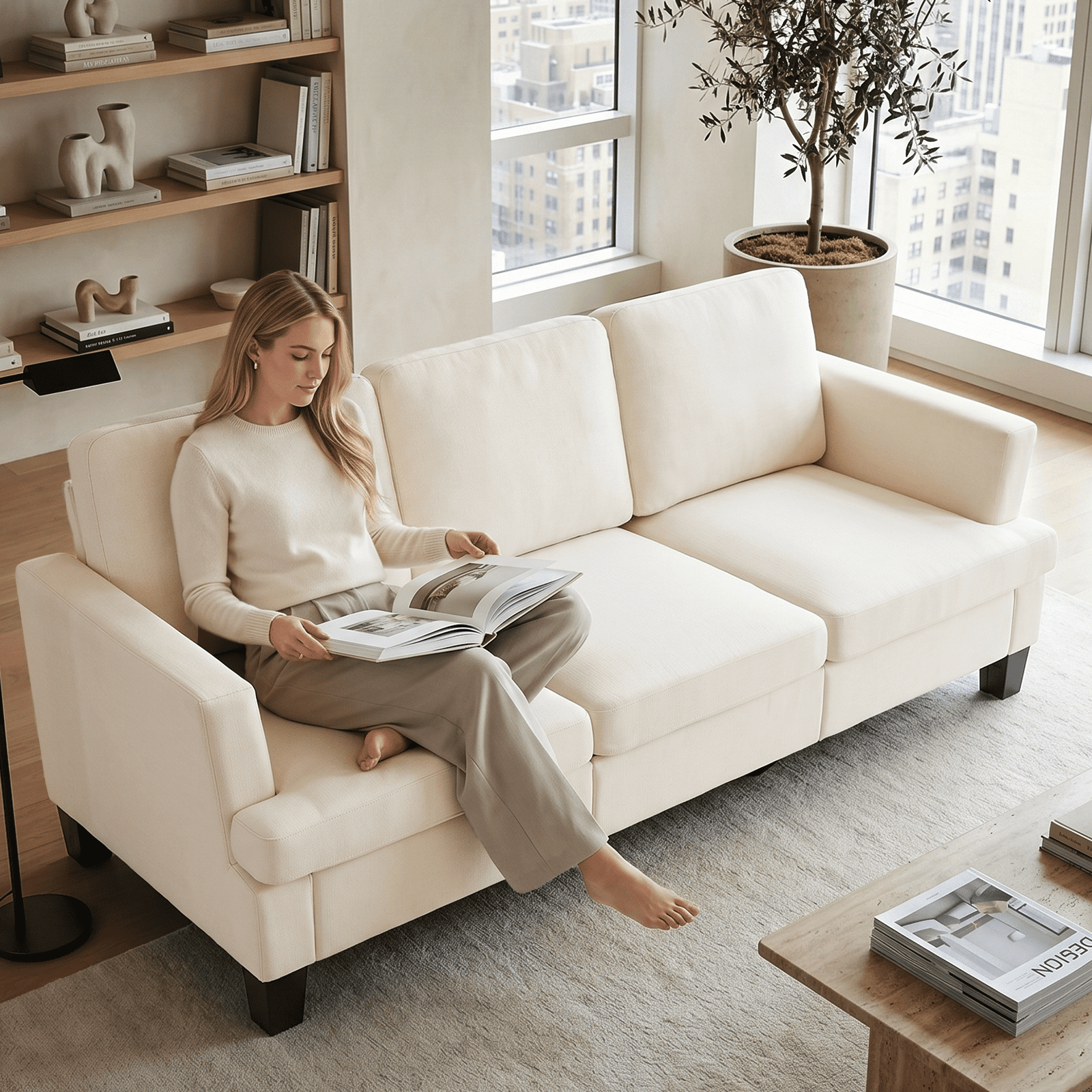 3 Seater Sofa, 84" Linen Upholstered Sofa with Extra Deep Seats, Classic Modern Couch for Living Room, Beige