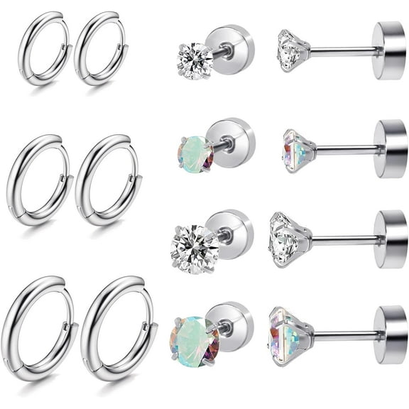 Titanium Earrings For Sensitive Ears, Flat Back Stud Earrings Hoop Earrings Set For Women, Hypoallergenic Surgical Stainless Steel Cubic Zirconia Earrings Stud Earrings Set For Cartilage Hel[Z3165]