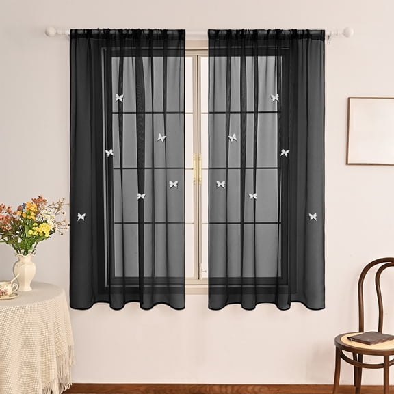 Fwttom Sheer Curtains, Lightweight Privacy Sheers with Stereoscopic Butterfly Pattern, Solid Color Window Curtains for Bedroom Living Room, Black