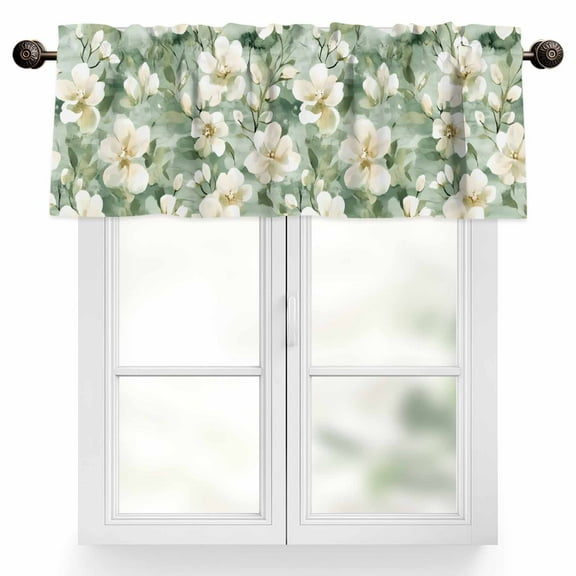 White Floral Valances for Windows, 54 x 18in, Watercolor Flower Sage Green Background Rod Pocket Kitchen Valance Curtain Light Filtering Window Treatments for Living Room Bedroom, 1 Panel