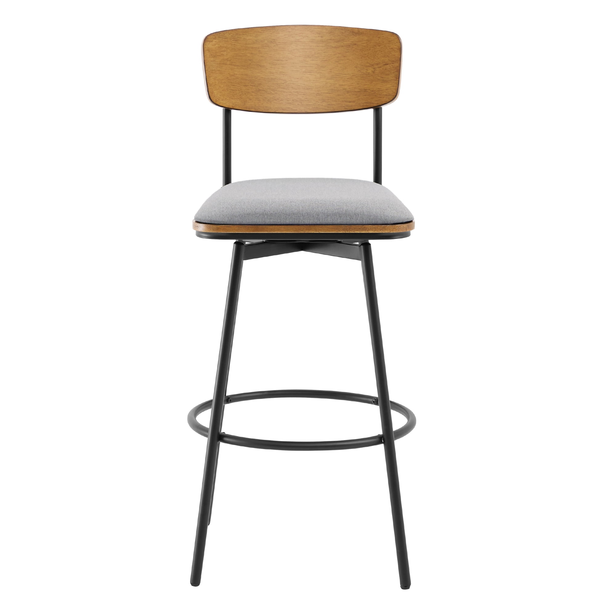Spruce & Spring Bar Height Swivel Bar Stool with Wood Back and Metal Base Set of 2, Light Grey, Fabric