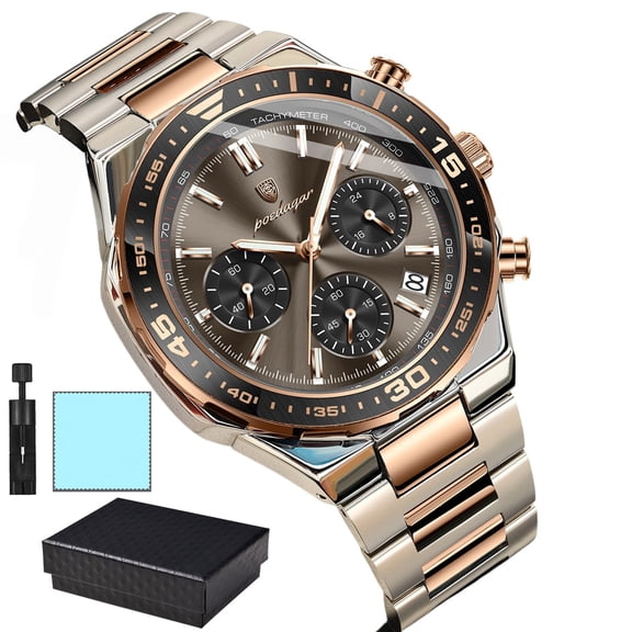POEDAGAR Luxury Mens Stainless Steel Wrist Watch Luminous Chronograph Calendar Sport Waterproof Quartz Watch For Daily Wear