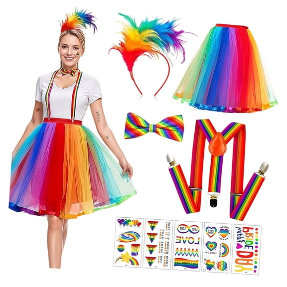 Clown Costume Set for Women Circus Outfit Feathered Headband Rainbow Tutus Skirt Gloves Socks Suspenders Halloween Costume