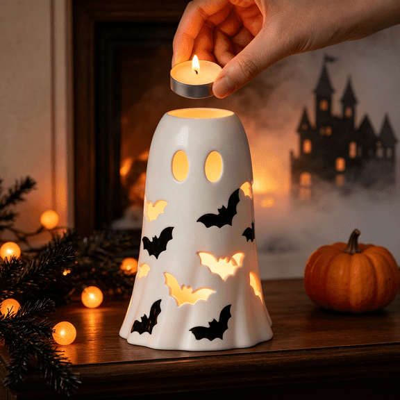 Halloween Ghost Bat Cutout Candle Holder, Resin Ghost‑Shaped Lantern, Spooky‑Cute Fall Home Table Decor