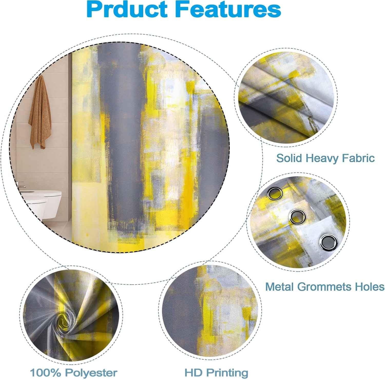 Yellow Shower Curtain for Bathroom Abstract Yellow Gray Watercolor Shower Curtain Set with Hooks Contemporary Oil Panting Fabric Waterproof Shower Curtains 72x72inches