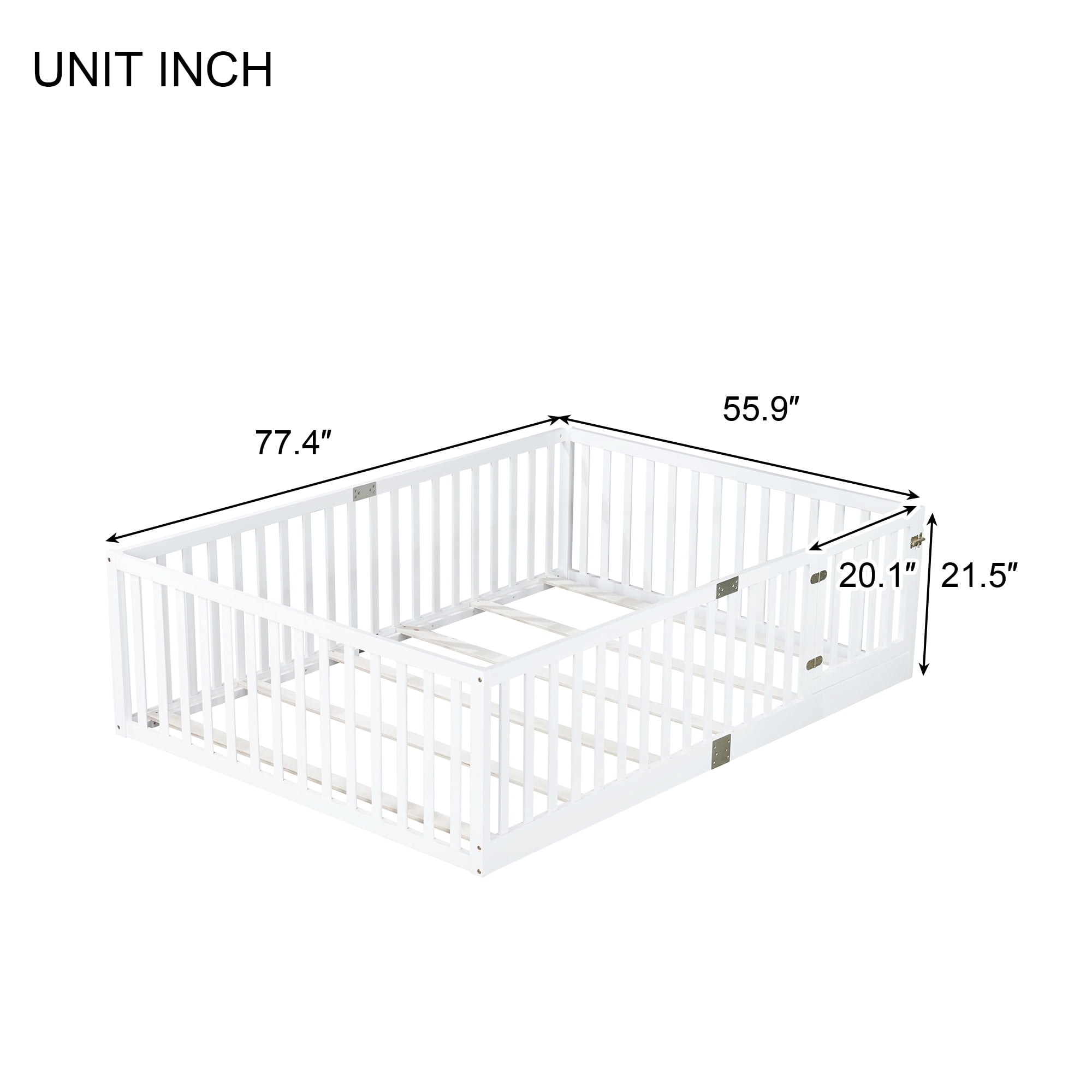 Holaki Wood Full Size Floor Bed with High Fence Railings for Kids, White