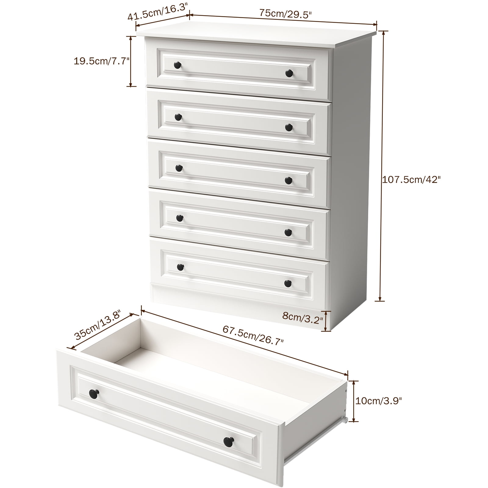 IDEALSOUL Dresser for bedroom,5 Drawer Dresser Tall White Dresser with Large Storage Space, for Bedroom,Hallway,Entryway