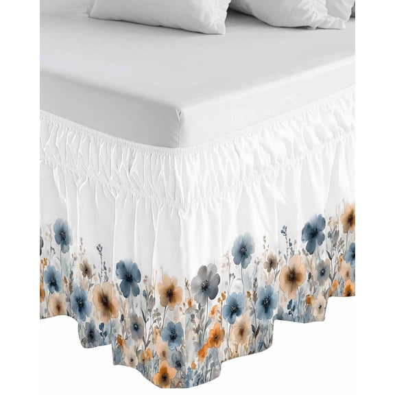 Poppies Floral Wrap Around Bed Skirts for California King Bed 18" Drop,Bed Skirt with Adjustable Elastic Belt Dust Ruffle Bed Valance for Bedroom Hotel Spring Botanical Flowers Summer Bed Frame Cover