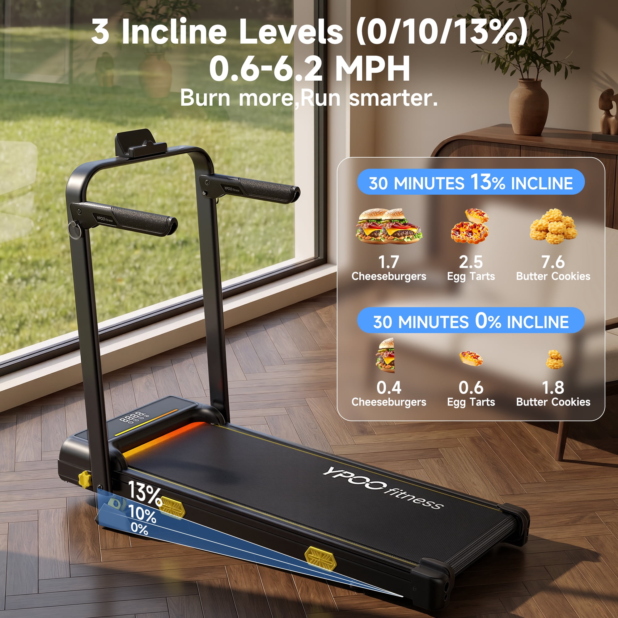 YPOO Fitness Walking Pad with Handle, Foldable 6.3 MPH Walking Pad with 13% Incline for Home & Office, 330 LBS Capacity