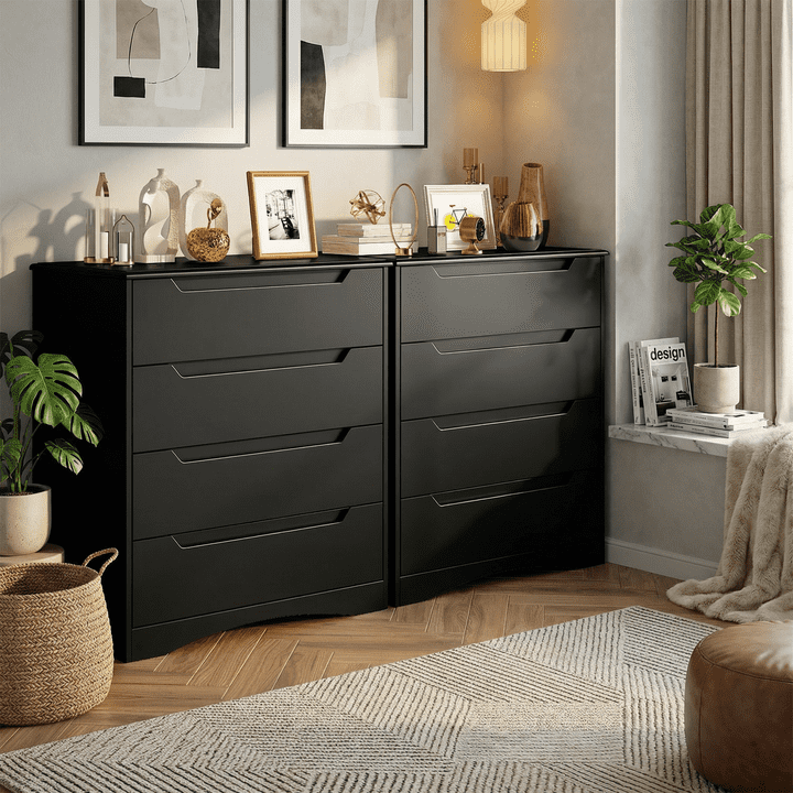 Aiho Dresser with 4 Drawers, Wood Tall Chest, Built-in Handle Drawers for Bedroom, Home, Living Room, Hallway - Black