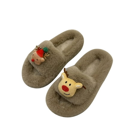 

Oucaili Ladies Casual Warm Fluffy Slides Indoor Comfort Cozy Slip On Plush Slipper Khaki 6.5