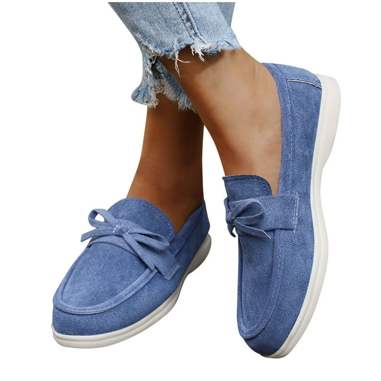 Tawop Women Shoes Womens Dress Shoes Work Shoes Flats Round Toe Casual Loafers Slip On Bow Fall Blue 6.5
