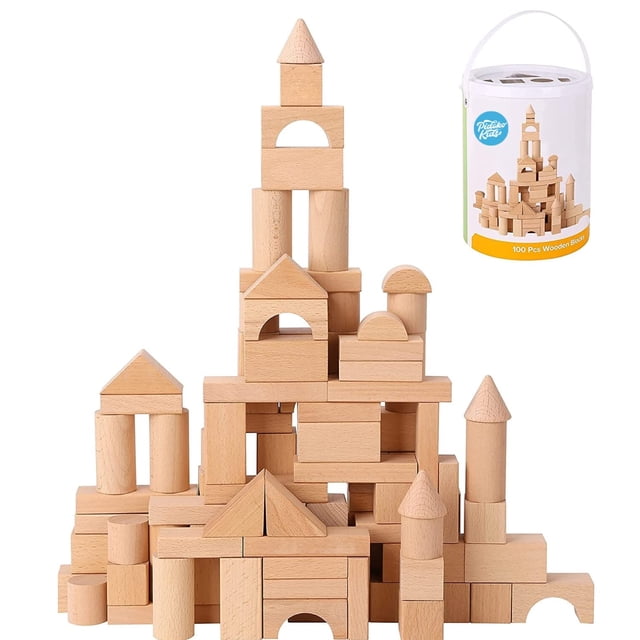 Bloques de construcción Pidoko Kids de madera, 100 unidades con almacenamiento para niños pequeños