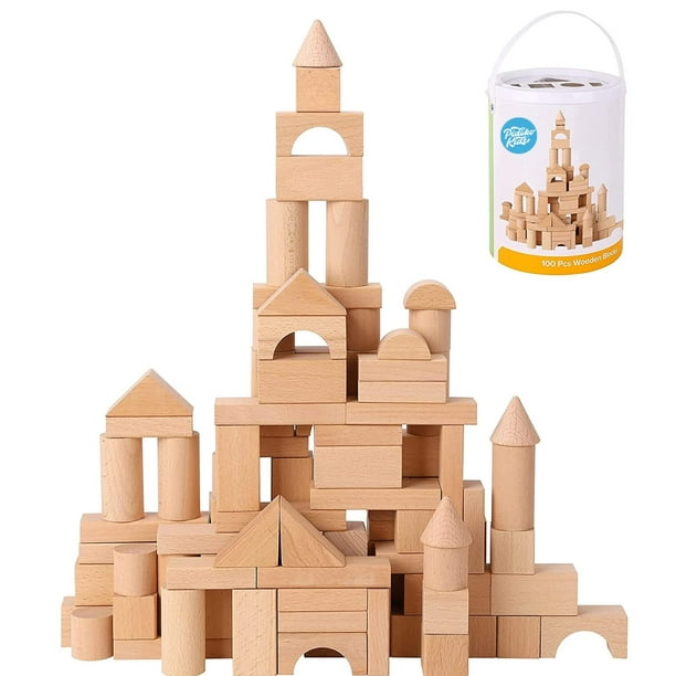 Bloques de construcción Pidoko Kids de madera, 100 unidades con almacenamiento para niños pequeños