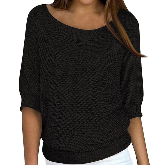 Womens Spring Sweater 3/4 Length Sleeve Tops 2025 Trendy Plain Knit Shirt Ladies Plus Size Round Neck Pullover Blouse Black XL