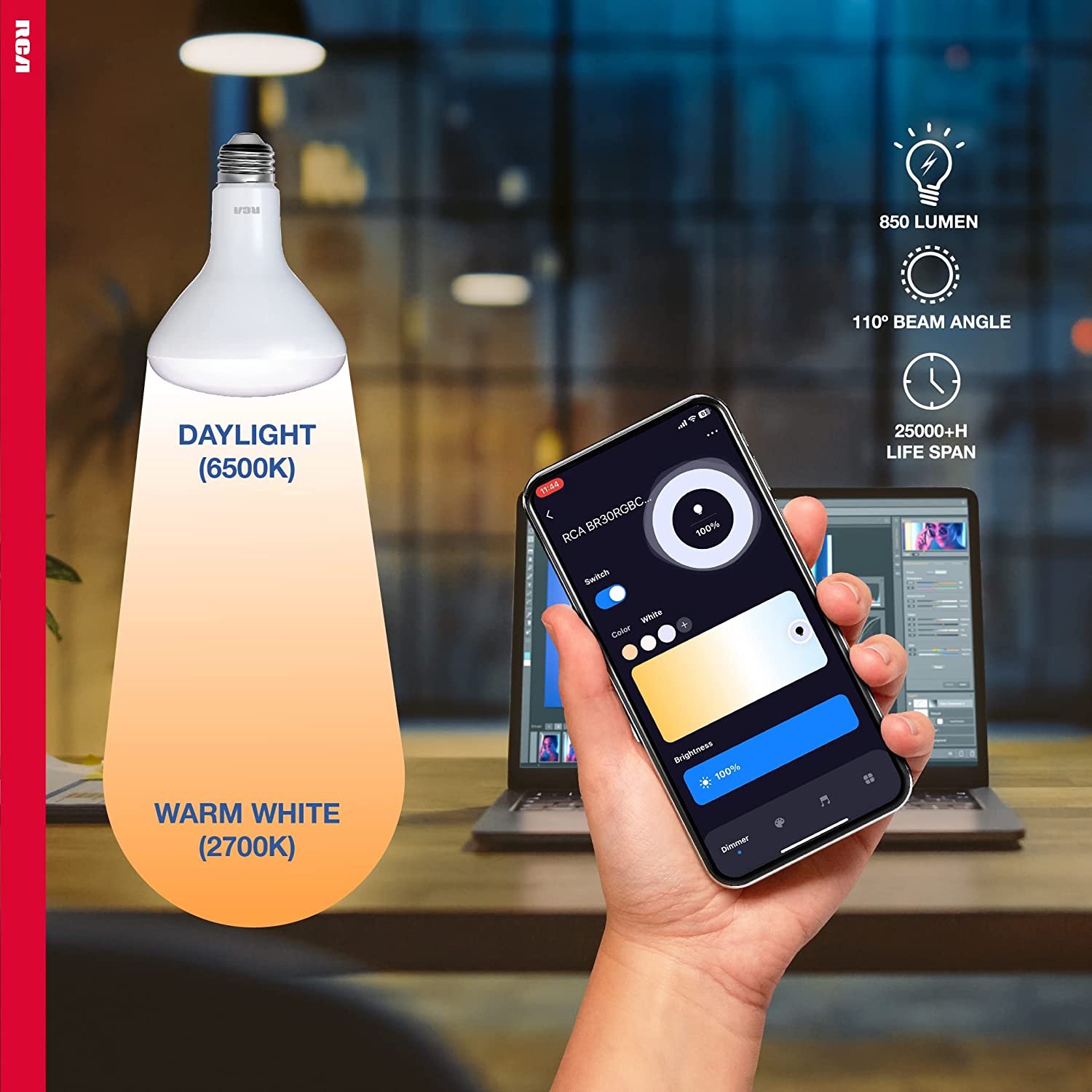 RCA Dimmable Smart Light Bulbs, 2-PK | BR30 WiFi LED Light Bulb | Indoor Flood LED Bulbs | 9W (60W Eq) | 2700K Soft White, 720 Lumens, E26 Base | Voice Activated Lights, Google & Alexa Light Bulb