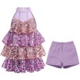 thumbnail image 2 of IBTOM CASTLE Girls Sequin Dance Outfit Sparkly Latin Hip Hop Jazz Dance Outfit Halter Mesh Ruffle Dress Top and Shorts Dancewear 6-7 Years Light Purple, 2 of 7