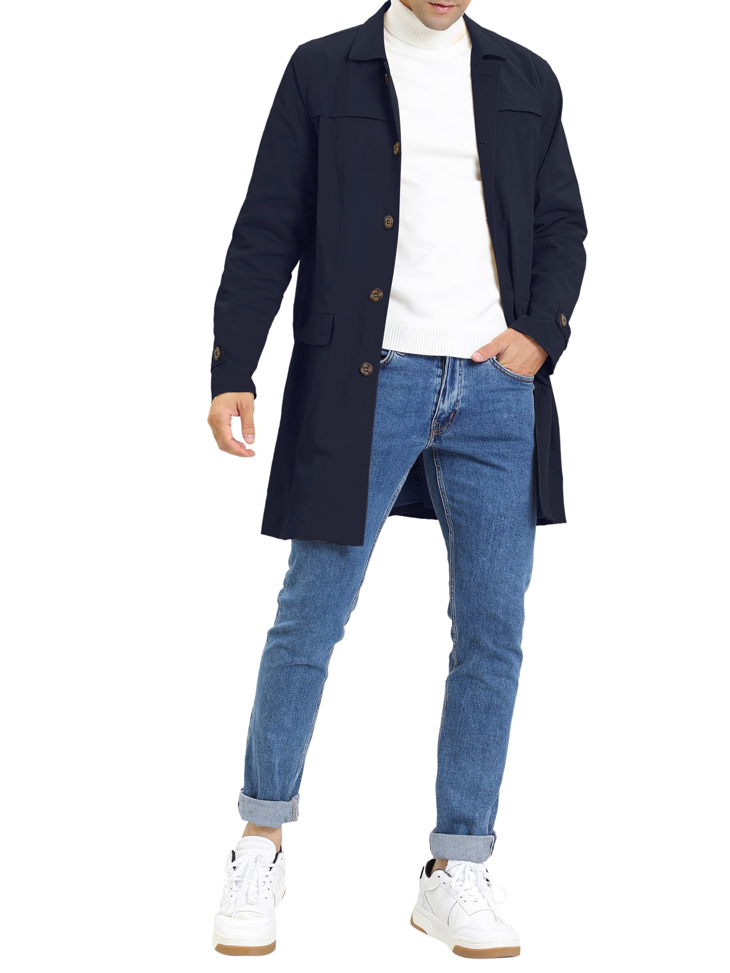 DARING DIVA Men's Trench Coat Lightweight Single Breasted Jacket Overcoat L Navy Blue