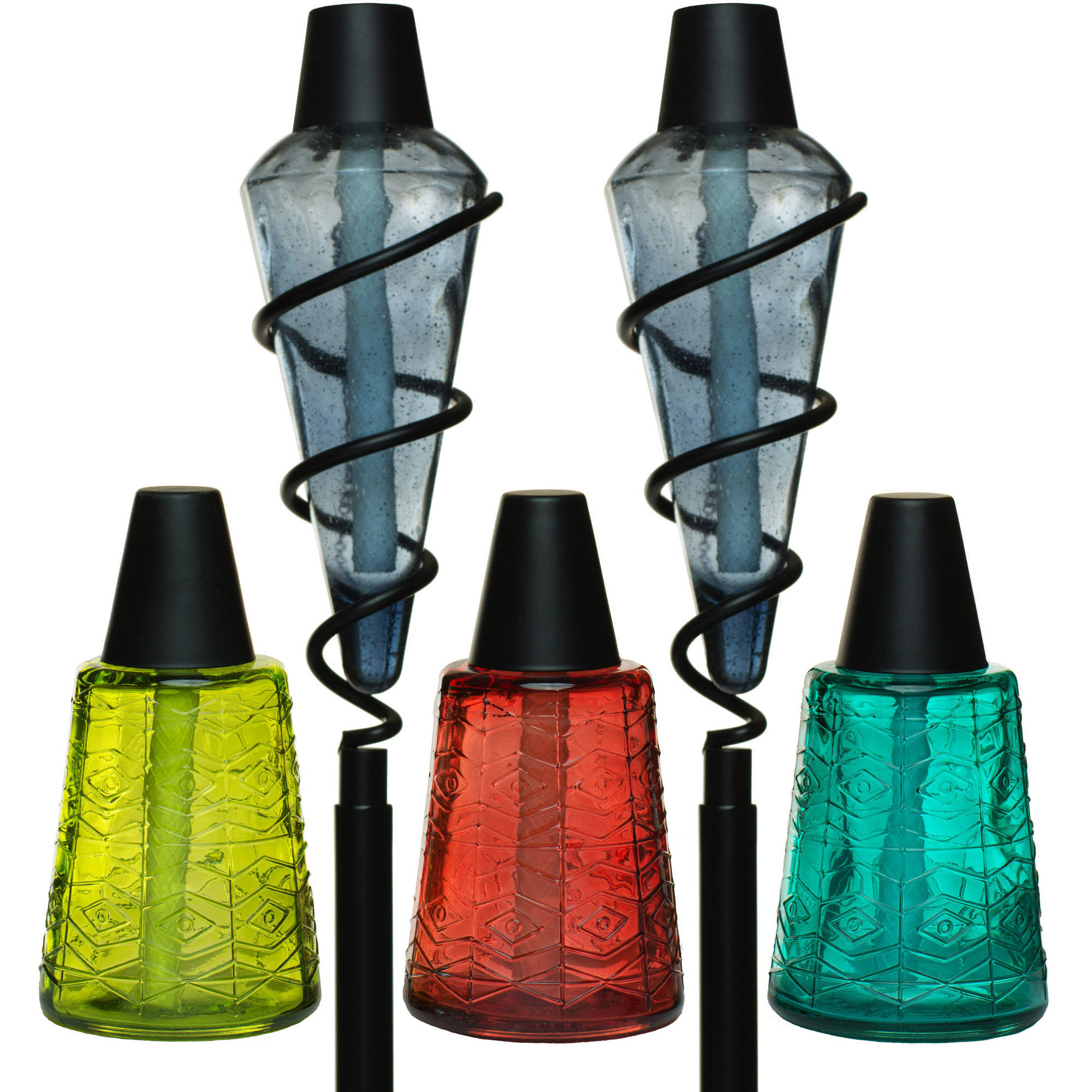 TIKI Brand Glass Torch Bundle with Two 64" Metal Torch Blue Bubble Glass and Three 6" Glass