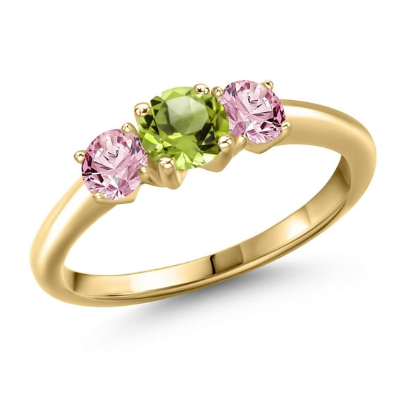 Gem Stone King 10K Yellow Gold Green Peridot and Pink Lab Grown Diamond Engagement Ring for Women | 1.05 Cttw | Round 5MM | Gemstone August Birthstone | Size 7