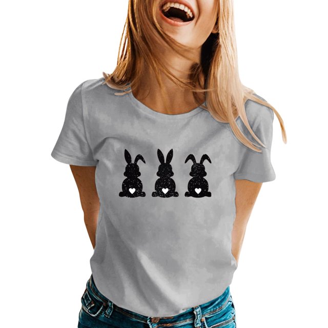 TSADFHJI Yoga Tops for Women Flowy Womens Spring Summer Rabbit Printed Short Sleeve O Neck T Shirt Top S Grey