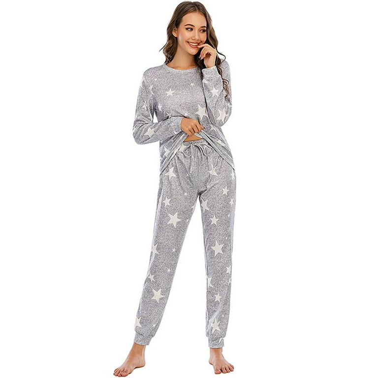 Women Pajamas Set Stars Print Casual Long Sleeve Top with Pants