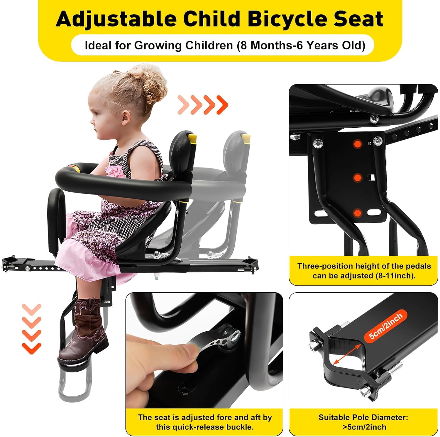 Kids Bike Seat Black Portable Position adjustable Baby Bike Seat Front Mount Toddler Child Bike Seat Suitable for 8 Months-6 Years Old Child Bicycle Seat for Adult Bike Mountain Bike Electric Bikes