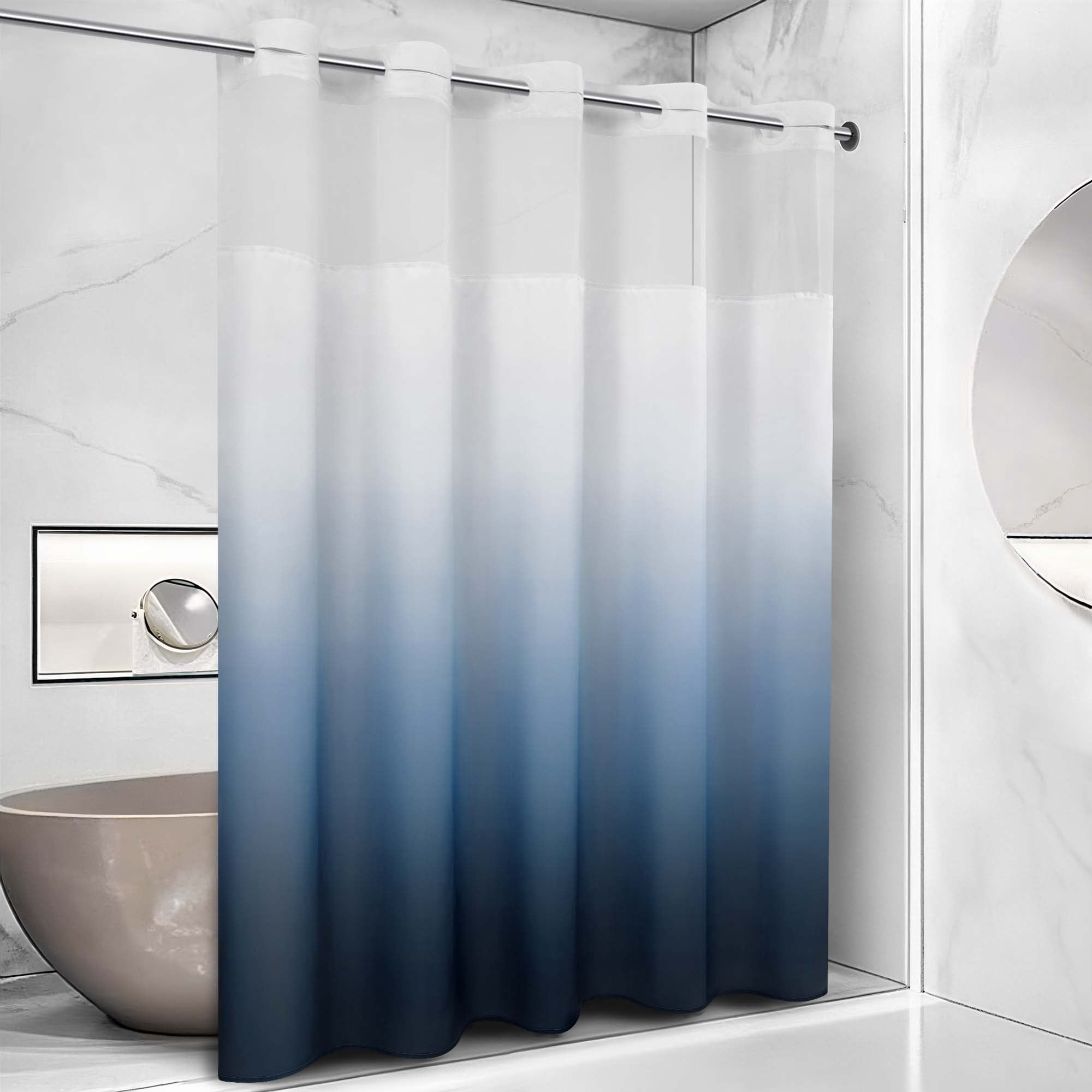Ikfashoni Hookless Ombre Shower Curtain with Snap in Liner, Navy Gradient No Hook Waterproof Bath Curtain, 71"X74"