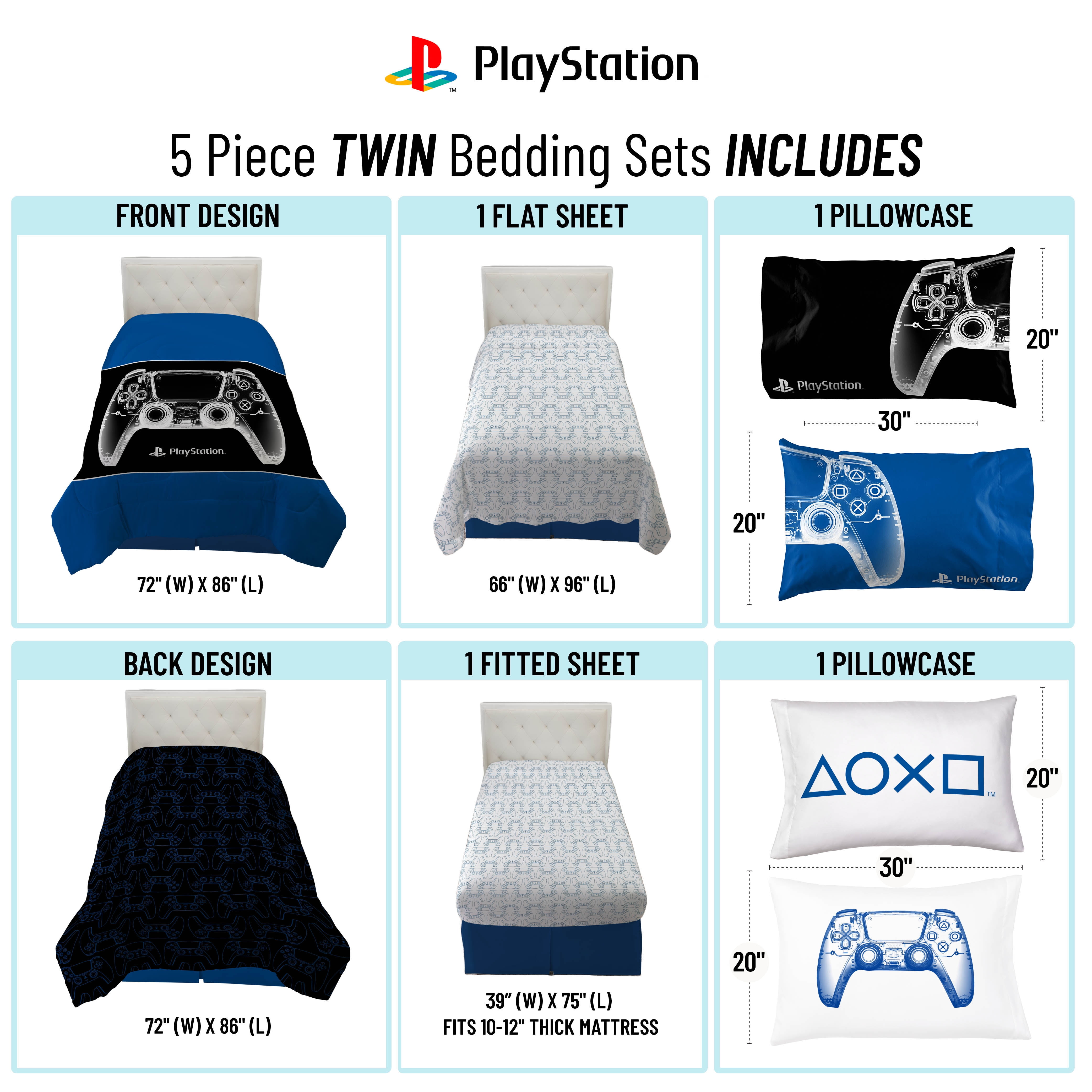 Sony PlayStation Blue & Black 5 Piece Twin Bed Set w/ Sham , 100% Microfiber