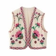 thumbnail image 1 of Chalecos y chaquetas casuales sin mangas y sin capucha para mujer, chalecos bordados vintage, cárdigans florales sin mangas cortos de lino, chalecos de moda, abrigos para mujer, 1 of 3