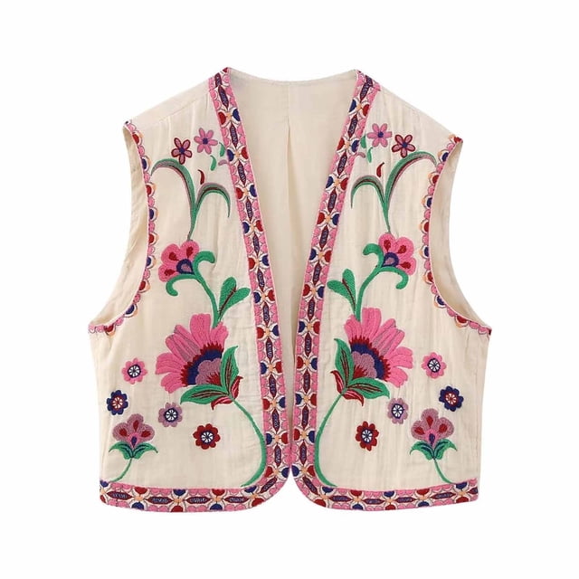 Chalecos y chaquetas casuales sin mangas y sin capucha para mujer, chalecos bordados vintage, cárdigans florales sin mangas cortos de lino, chalecos de moda, abrigos para mujer