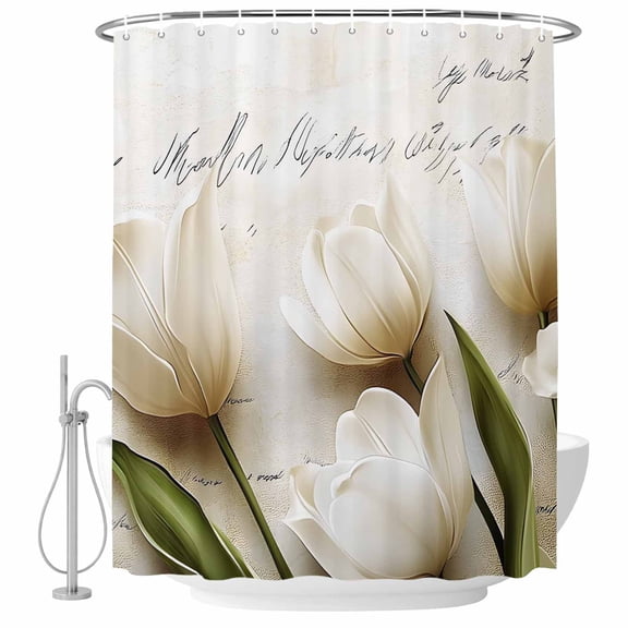 White Tulip Fabric Shower Curtain Vintage Watercolor Floral Washable Shower Curtains for Bathroom, Waterproof Bath Curtain with Hooks Home Decor 36x72in