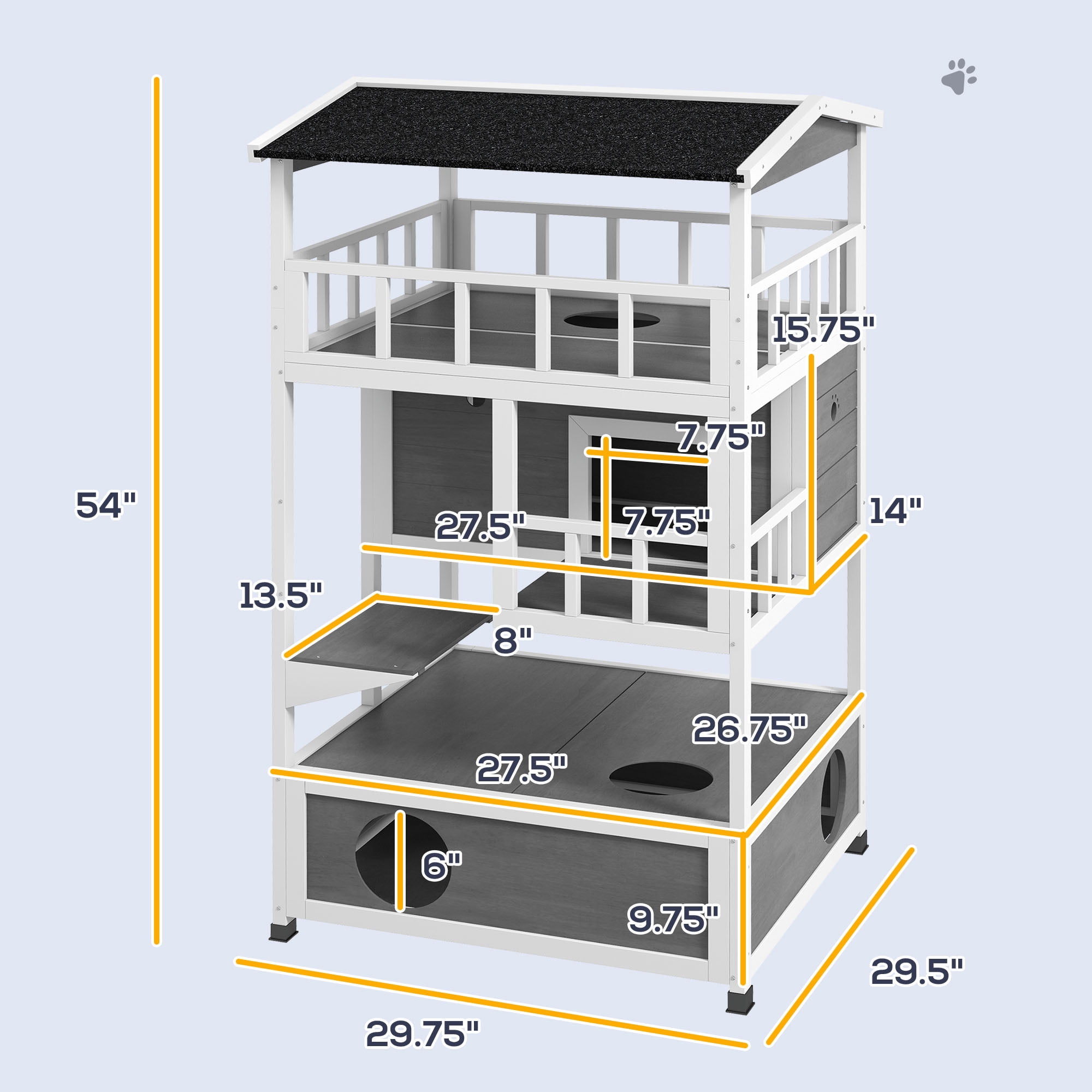 PawHut Wooden Outdoor Cat House, Feral Cat Shelter Kitten Tree with Asphalt Roof, Escape Doors, Condo, Jumping Platform, Light Gray