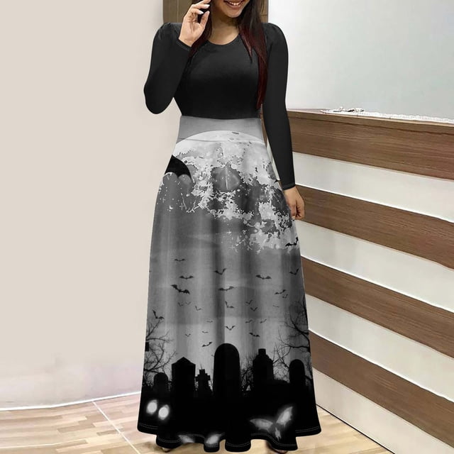 Qiopertar Vente de Liquidation Robe Longue à Manches Longues Imprimée Halloween pour Femmes avec Fermeture Éclair Col Rond Jupe Longue Offres de la Semaine Moins de 5$