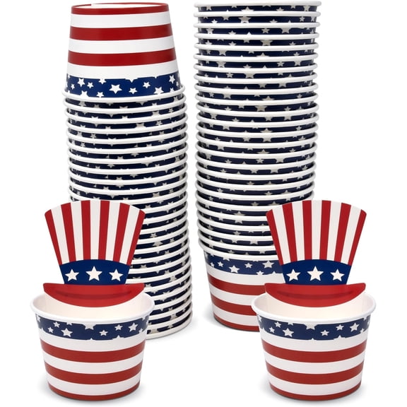 50 Count Patriotic American Flag Treat Snack Cups 10 Oz. Disposable Paper Cup Ice Cream Dessert Ices Bowls July Fourth Uncle Sam Hat For Frozen Treats Cupcakes USA Party Favor Supplies Decorations