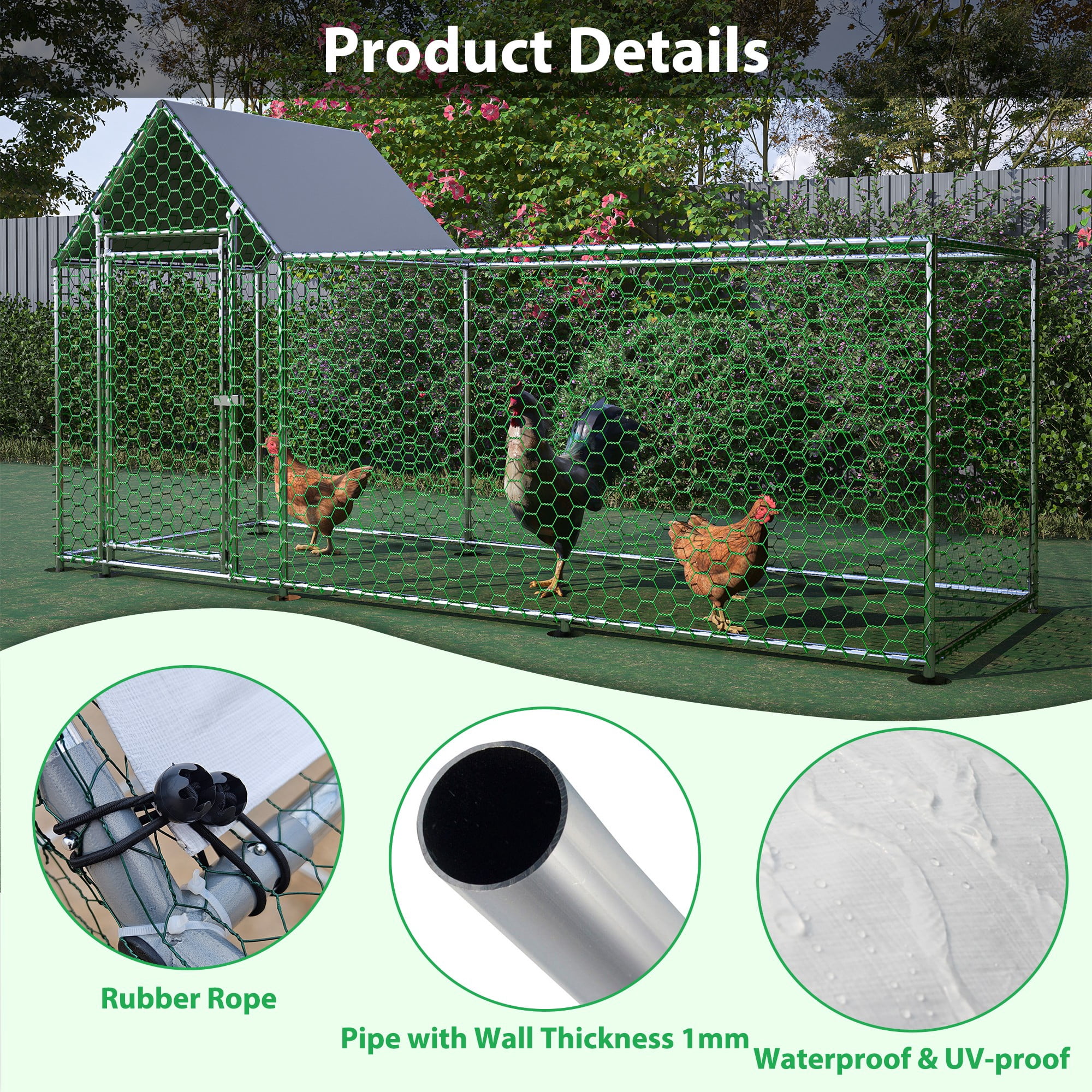 Aukfa 10x3FT Metal Chicken Coop with Run, Outdoor Backyard Hen House Poultry Habitat Cage w/Cover